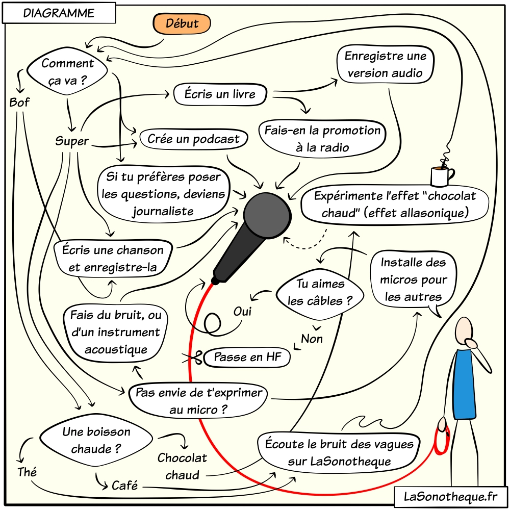 Diagramme humoristique pour aiguiller un passionné du son vers le bon métier ou format