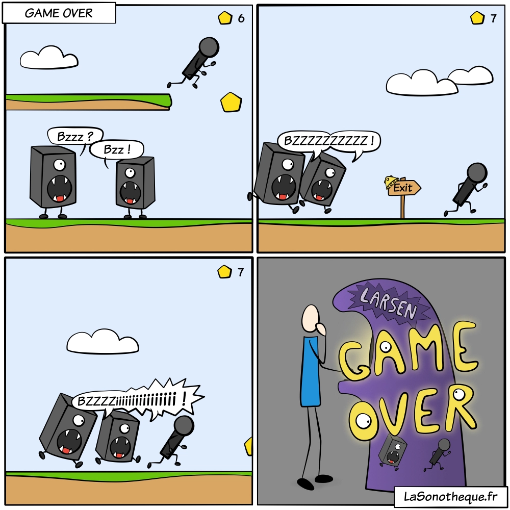 Personnage de jeu vidéo microphone fuyant les enceintes affamées avant un game over par larsen