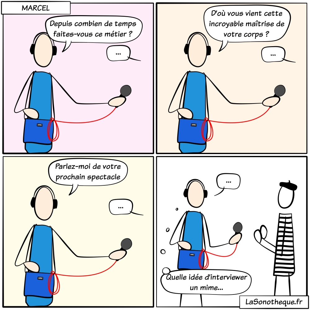 Journaliste interviewant un mime qui ne peut évidemment pas répondre dans le micro