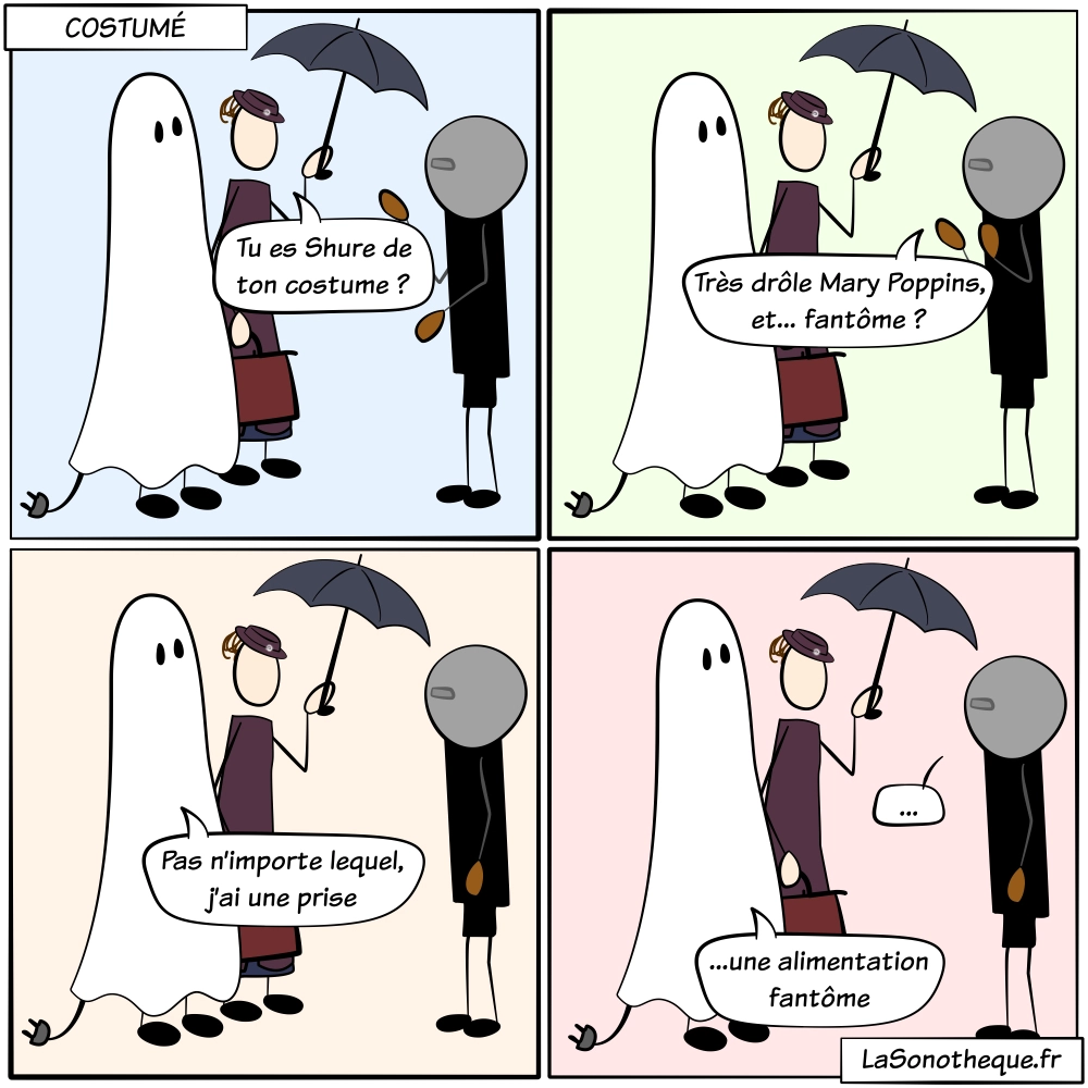 Fantôme déguisé pour Halloween avec un micro Shure et une alimentation fantôme jeu de mots