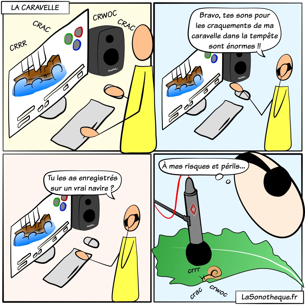 Sound designer enregistrant un escargot pour simuler les craquements d'un navire