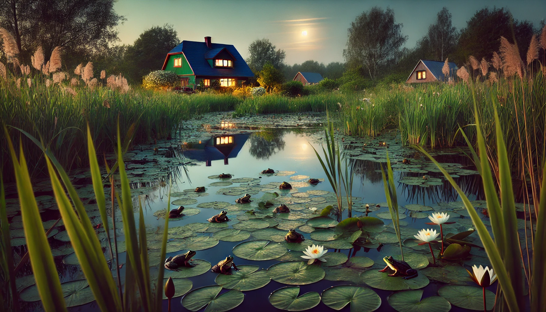 DALL·E 2025 02 09 09.12.58 A peaceful countryside scene at dusk, featuring a serene pond surrounded by reeds and water lilies. A few frogs are visible on floating lily pads, cro