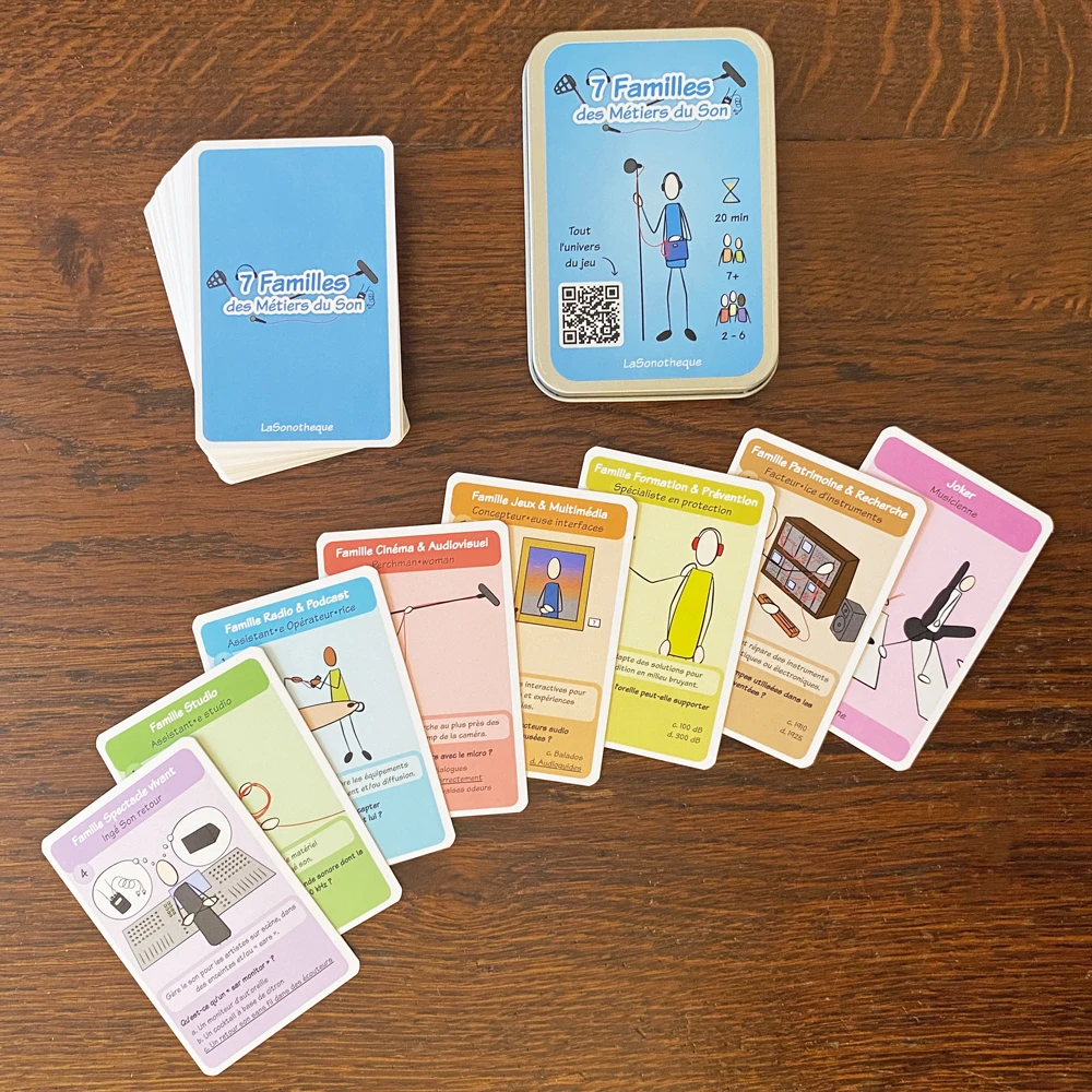 24 1 jeu 7 familles metiers du son boite aluminium bleue cartes etalees 49 cartes cadeau pedagogique enfant