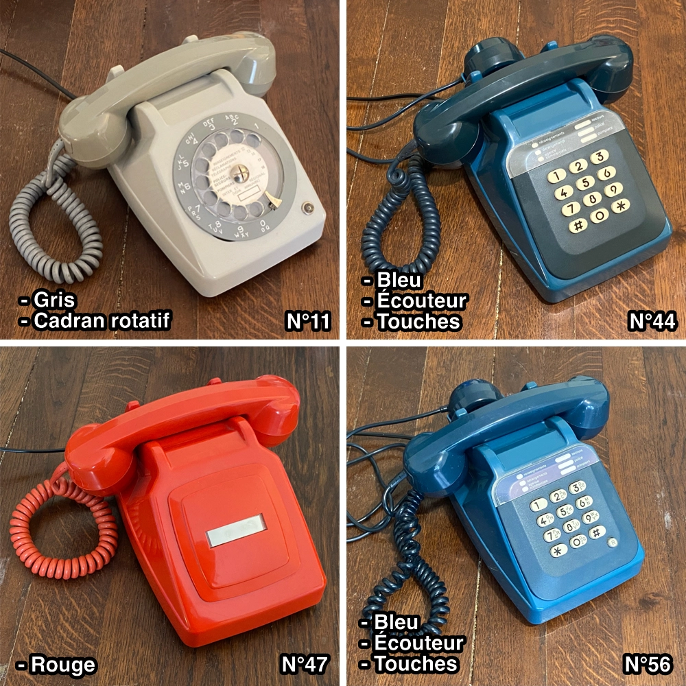 Tele son s63 telephone vintage socotel gris bleu rouge cadran rotatif touches ecouteur audio microsd deco vintage annees 60