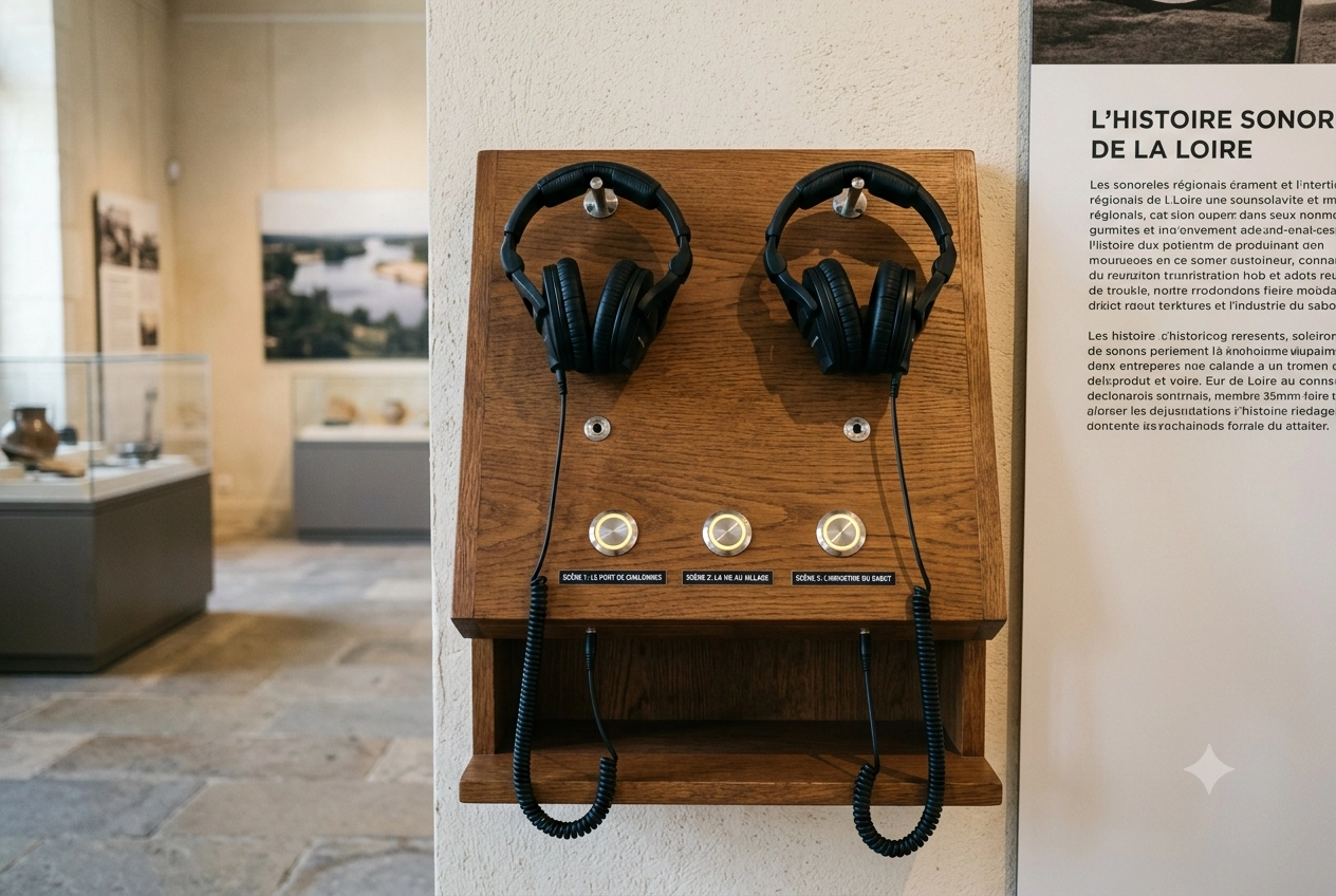 Borne d'écoute audio murale en bois avec deux casques et trois boutons de sélection, installée dans un musée