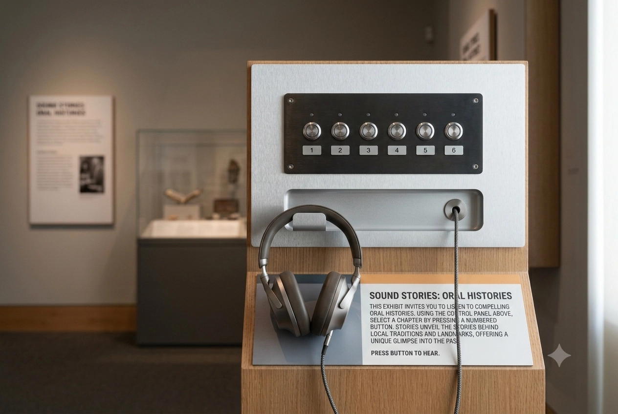 Borne d'écoute audio pour musée avec six boutons de sélection et casque, en bois et aluminium brossé