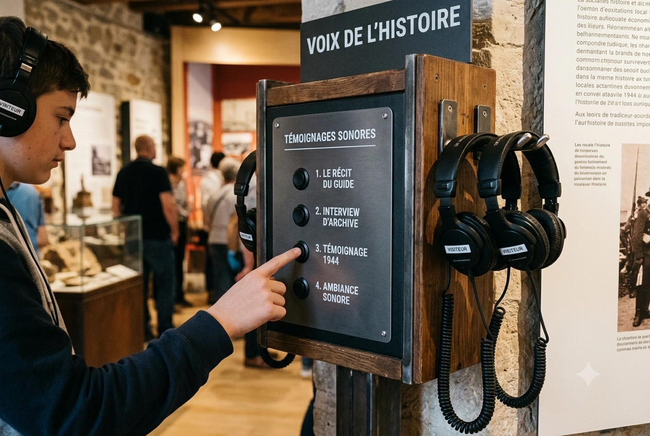 Borne d'écoute audio muséale en colonne de bois avec quatre casques et quatre boutons de sélection, visiteur appuyant sur un bouton
