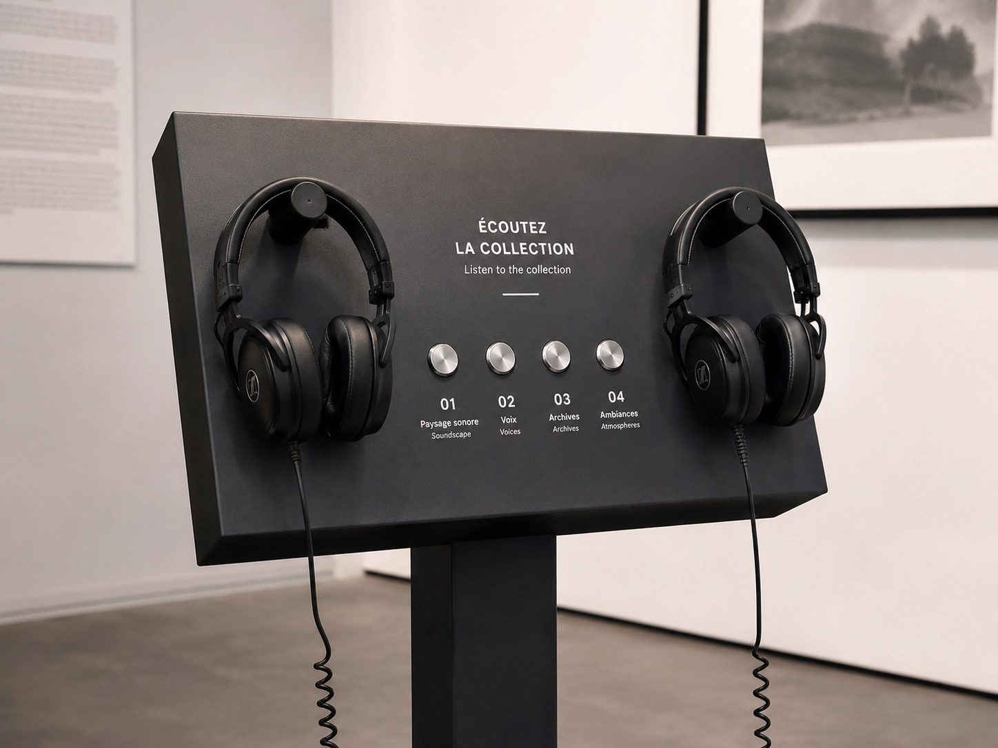 Borne d'écoute audio sur pied en métal noir avec deux casques et quatre boutons de sélection numérotés, dans une galerie d'exposition
